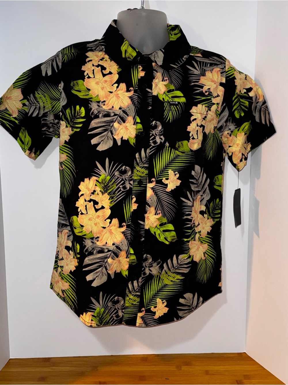 Boy’s Black Tropical Floral Short-Sleeve Shirt - Black, Green & Peach Print